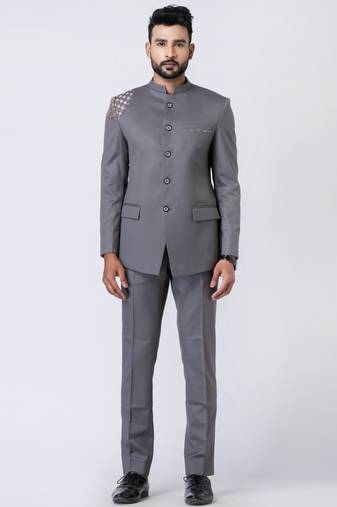 Grey polyester tr premium designer festive wear jopdupuri suit set