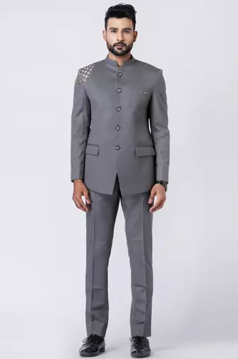 Grey polyester tr premium designer festive wear jopdupuri suit set