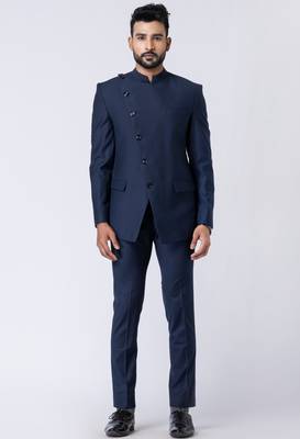 navy blue asymmetric jodhpuri suit set for men 1