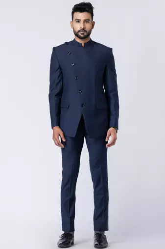 Navy blue polyester tr premium designer festive wear jopdupuri suit set
