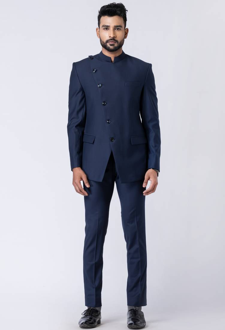 Navy blue polyester tr premium designer festive wear jopdupuri suit set