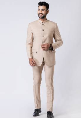 beige classic bandhgala jodhpuri suit set for men 2