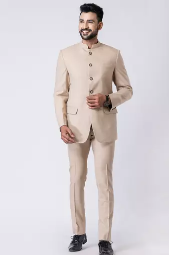 beige classic bandhgala jodhpuri suit set for men