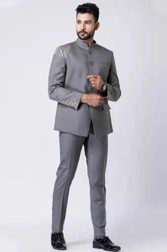 grey embellished shoulder jodhpuri suit set for men