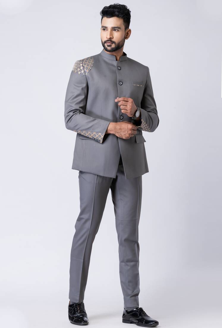 Grey polyester tr premium designer festive wear jopdupuri suit set