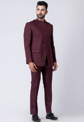 wine asymmetric button jodhpuri suit set for men 4