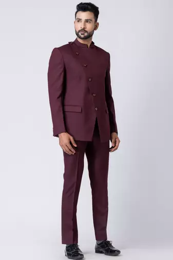 wine asymmetric button jodhpuri suit set for men