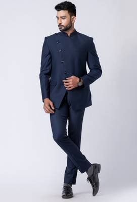 navy blue asymmetric jodhpuri suit set for men 2