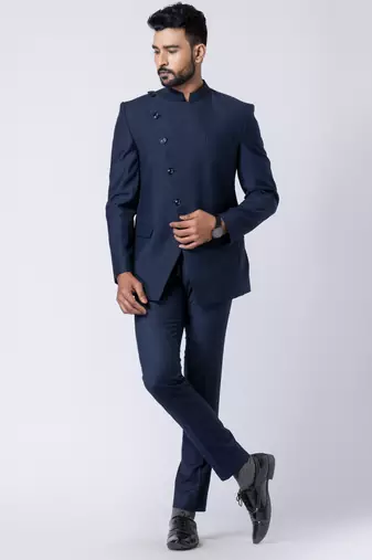 navy blue asymmetric jodhpuri suit set for men