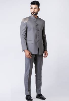 grey embellished shoulder jodhpuri suit set for men 3