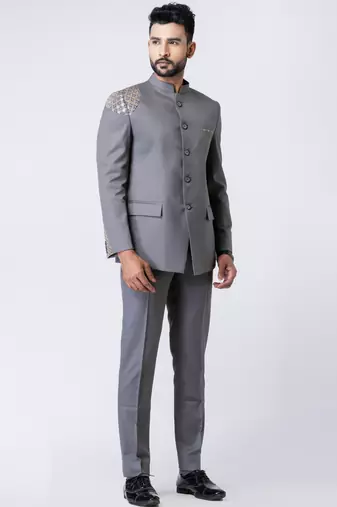 grey embellished shoulder jodhpuri suit set for men