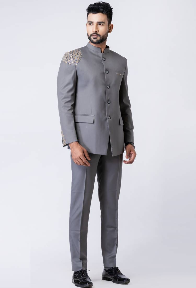 Grey polyester tr premium designer festive wear jopdupuri suit set