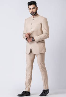 beige classic bandhgala jodhpuri suit set for men 4