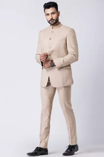 beige classic bandhgala jodhpuri suit set for men