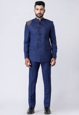 light navy blue embellished shoulder jodhpuri suit set for men 1