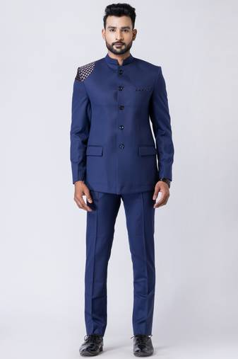 Light navy blue polyester tr premium designer festive wear jopdupuri suit set