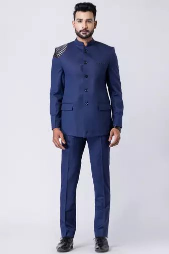 Light navy blue polyester tr premium designer festive wear jopdupuri suit set