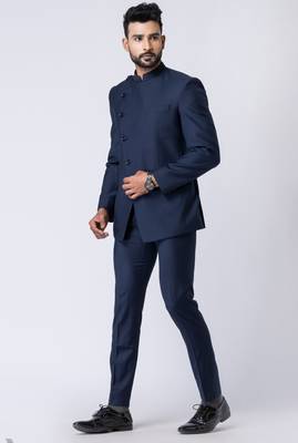 navy blue asymmetric jodhpuri suit set for men 3