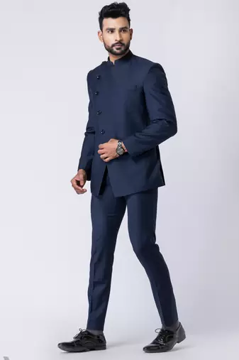 navy blue asymmetric jodhpuri suit set for men