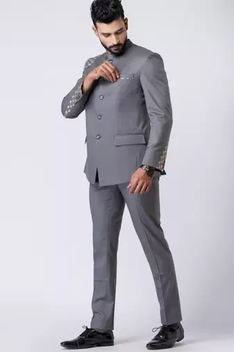 grey embellished shoulder jodhpuri suit set for men