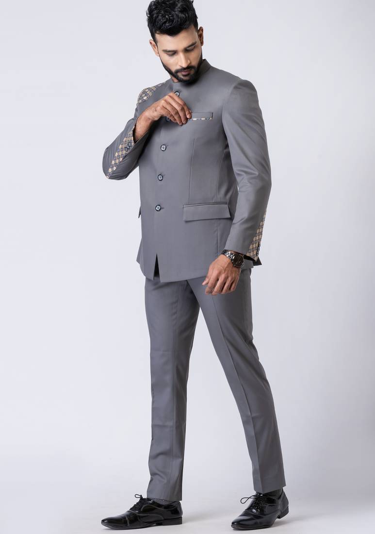 Grey polyester tr premium designer festive wear jopdupuri suit set