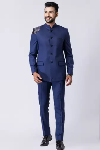 light navy blue embellished shoulder jodhpuri suit set for men