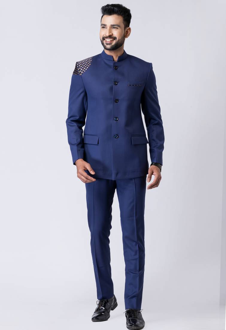 Light navy blue polyester tr premium designer festive wear jopdupuri suit set