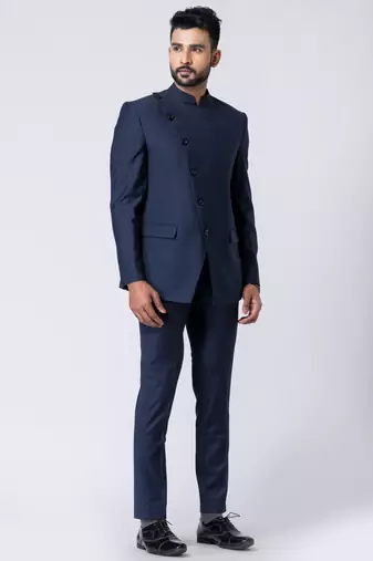 navy blue asymmetric jodhpuri suit set for men