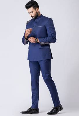 light navy blue embellished shoulder jodhpuri suit set for men 3