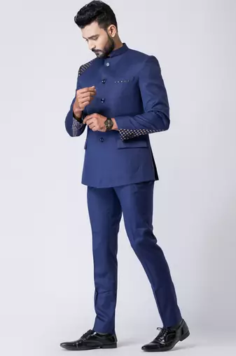 light navy blue embellished shoulder jodhpuri suit set for men