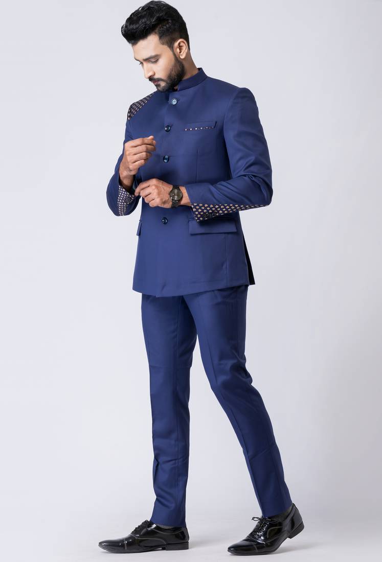 Light navy blue polyester tr premium designer festive wear jopdupuri suit set