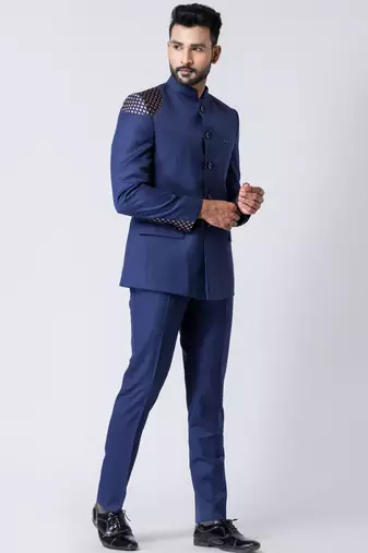 light navy blue embellished shoulder jodhpuri suit set for men
