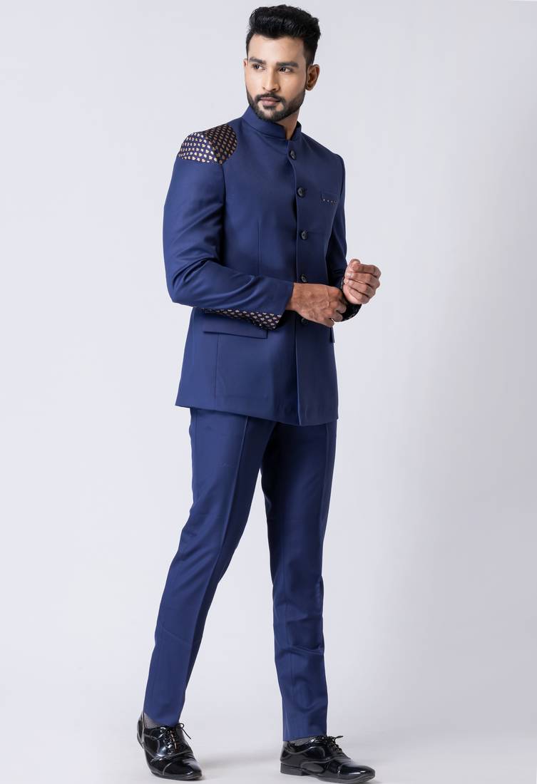 Light navy blue polyester tr premium designer festive wear jopdupuri suit set