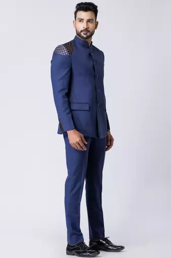 light navy blue embellished shoulder jodhpuri suit set for men