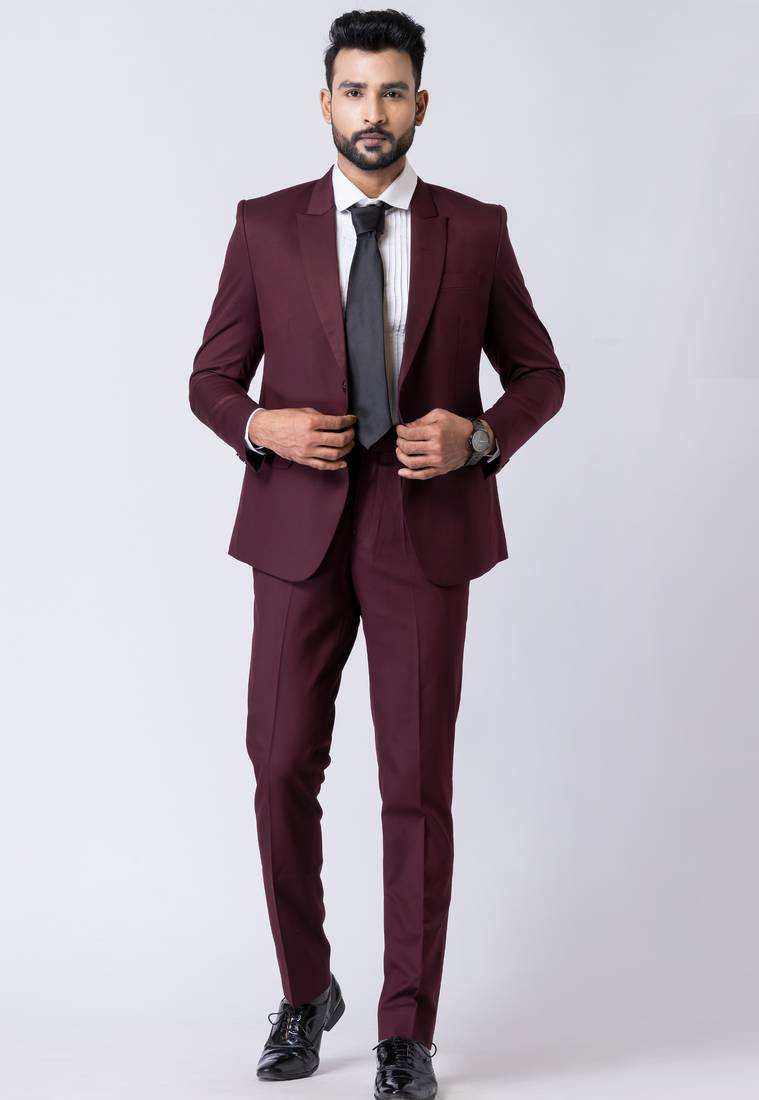 Wine polyester tr premium designer festive wear blazer with trouser set
