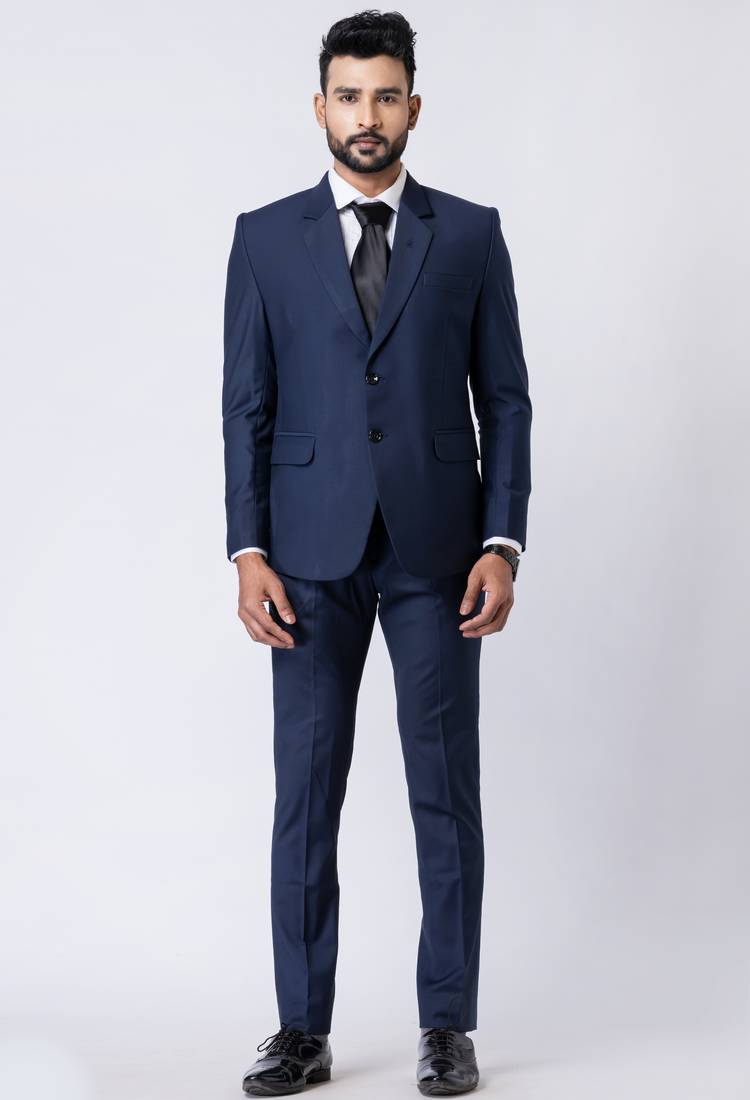 Navy blue polyester tr premium designer festive wear blazer with trouser set