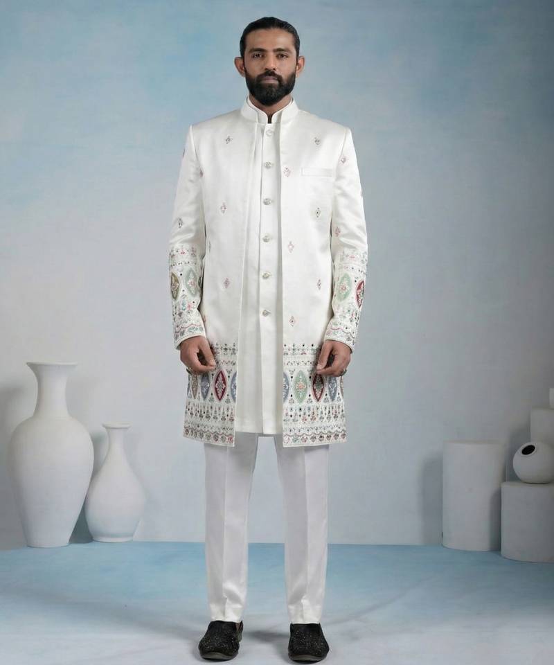 White armani premium designer festive wear indo western set