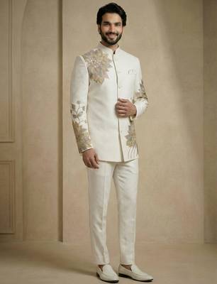 White fandy satin silk premium designer festive wear jopdupuri suit set 1