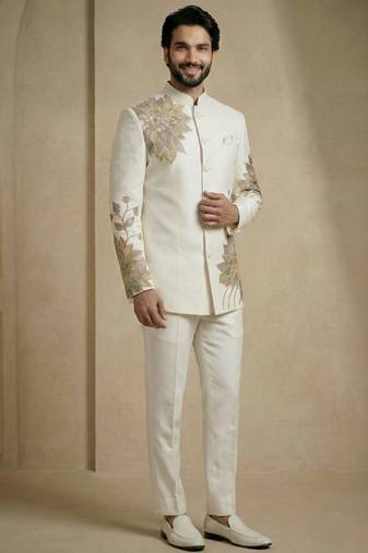 White fandy satin silk premium designer festive wear jopdupuri suit set