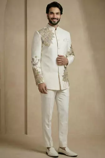 White fandy satin silk premium designer festive wear jopdupuri suit set