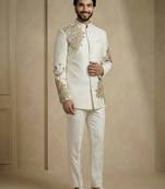 White fandy satin silk premium designer festive wear jopdupuri suit set