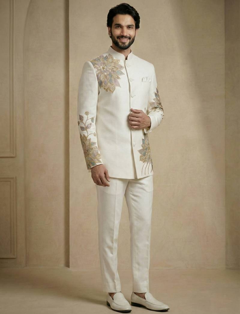 White fandy satin silk premium designer festive wear jopdupuri suit set