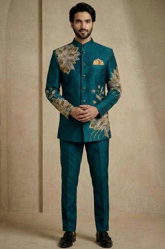 Teal fandy satin silk premium designer festive wear jopdupuri suit set