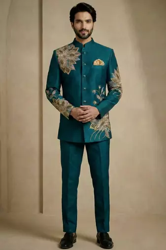 Teal fandy satin silk premium designer festive wear jopdupuri suit set