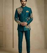 Teal fandy satin silk premium designer festive wear jopdupuri suit set