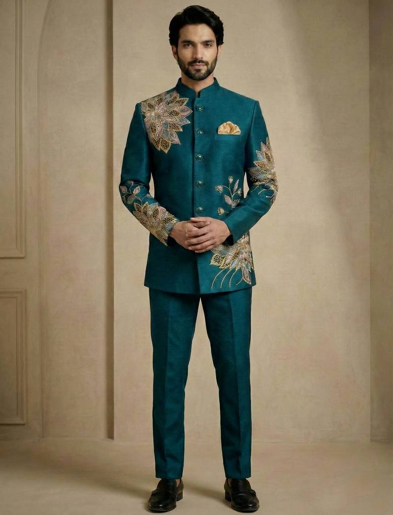 Teal fandy satin silk premium designer festive wear jopdupuri suit set