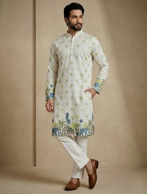 ivory jungle motif designer kurta pajama set 1