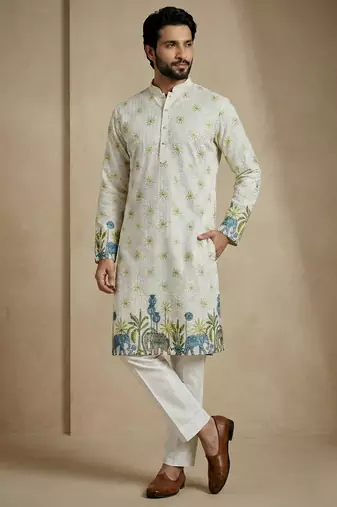 Multicolor mix cotton with schiffli work & digital print premium designer festive wear kurta trouser set