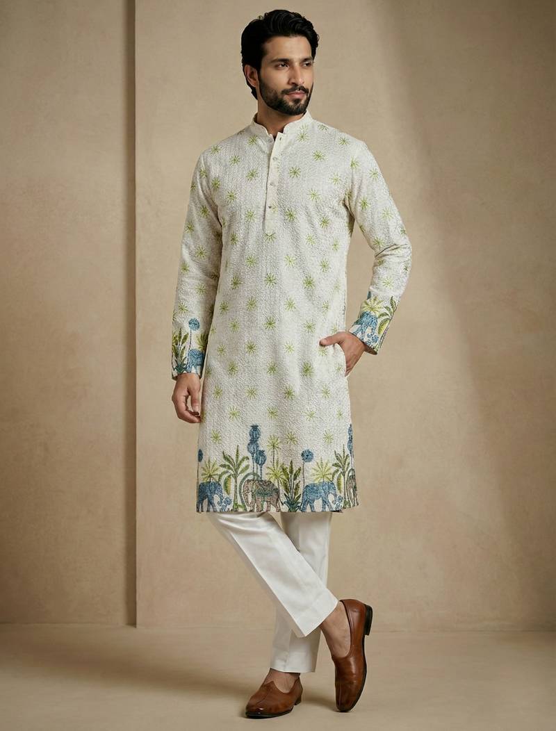 Multicolor mix cotton with schiffli work & digital print premium designer festive wear kurta trouser set