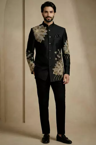 Black fandy satin silk premium designer festive wear jopdupuri suit set